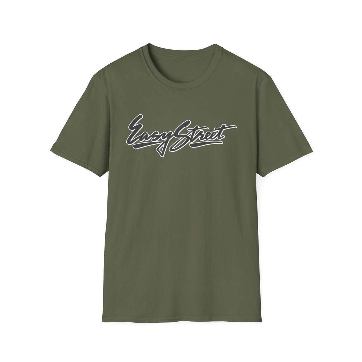 Olive green t-shirt with "Easy Street" script logo in white and black outline.