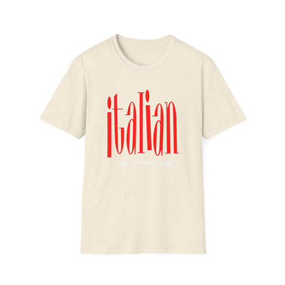 Cream t-shirt with red "italian" text and white "STYLE" below.