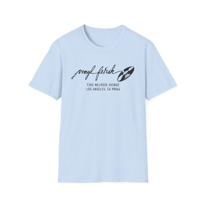 Light blue t-shirt with black "vinyl fetish" text and address.