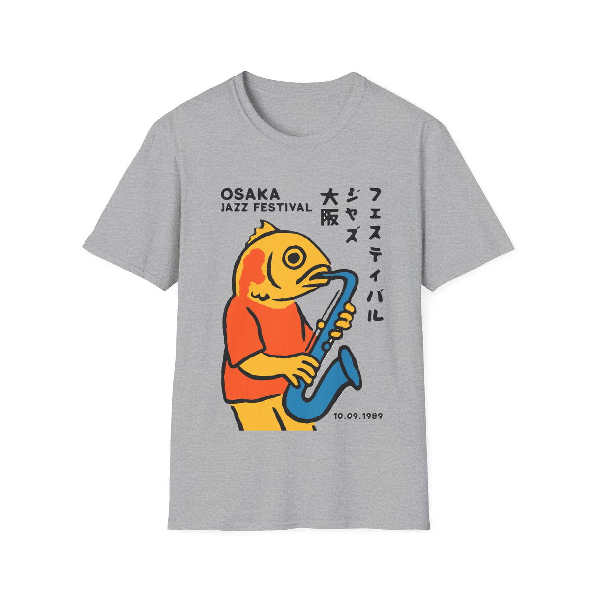 Osaka Jazz Festival graphic with a yellow fish playing a blue saxophone.