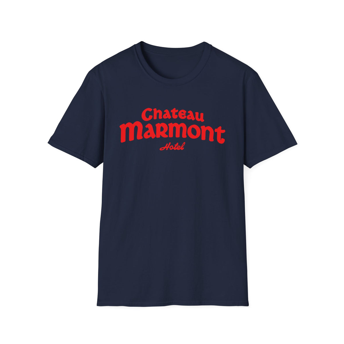 Navy t-shirt with red Chateau Marmont Hotel text logo.
