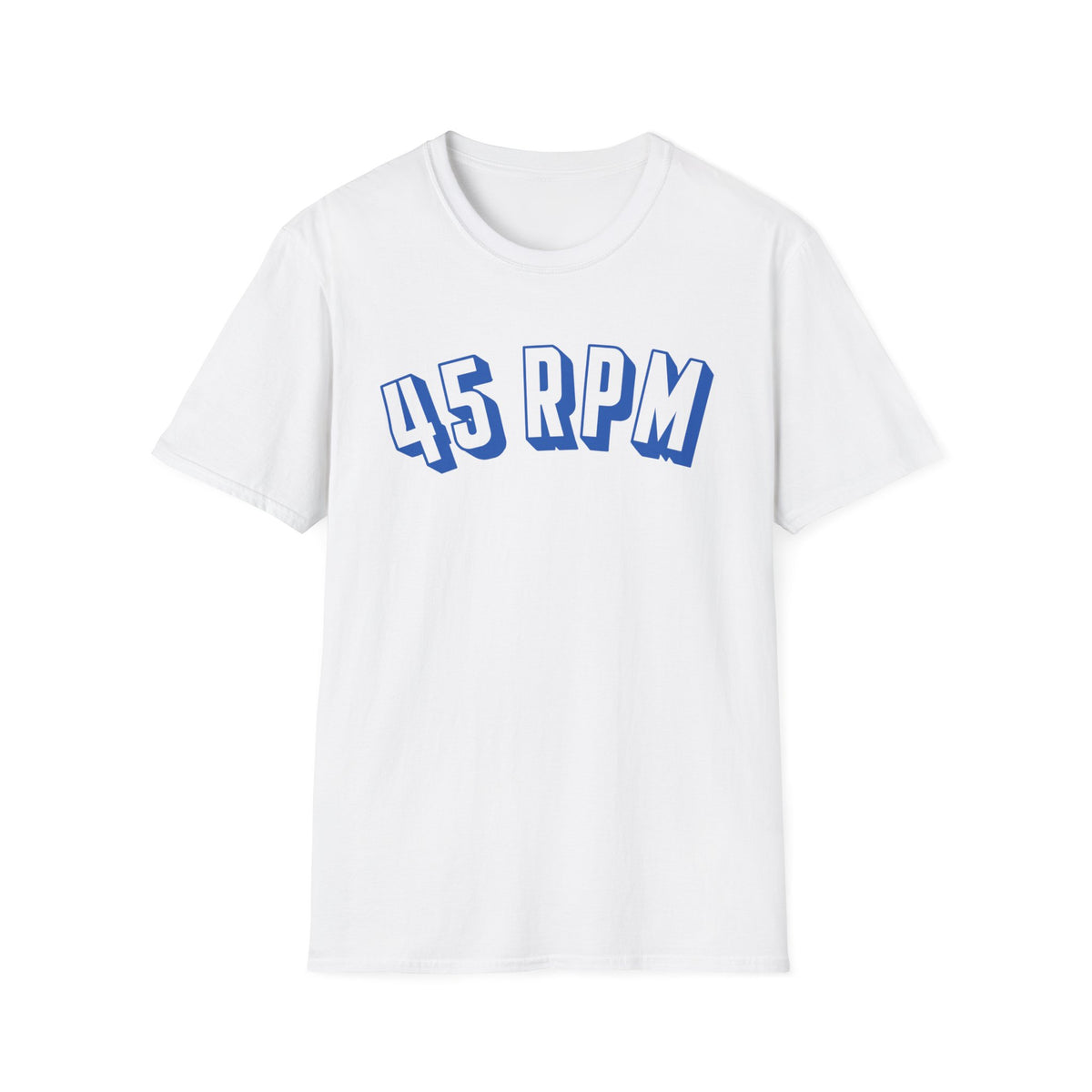 White t-shirt with blue "45 RPM" text across the chest.