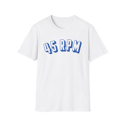 White t-shirt with blue "45 RPM" text across the chest.