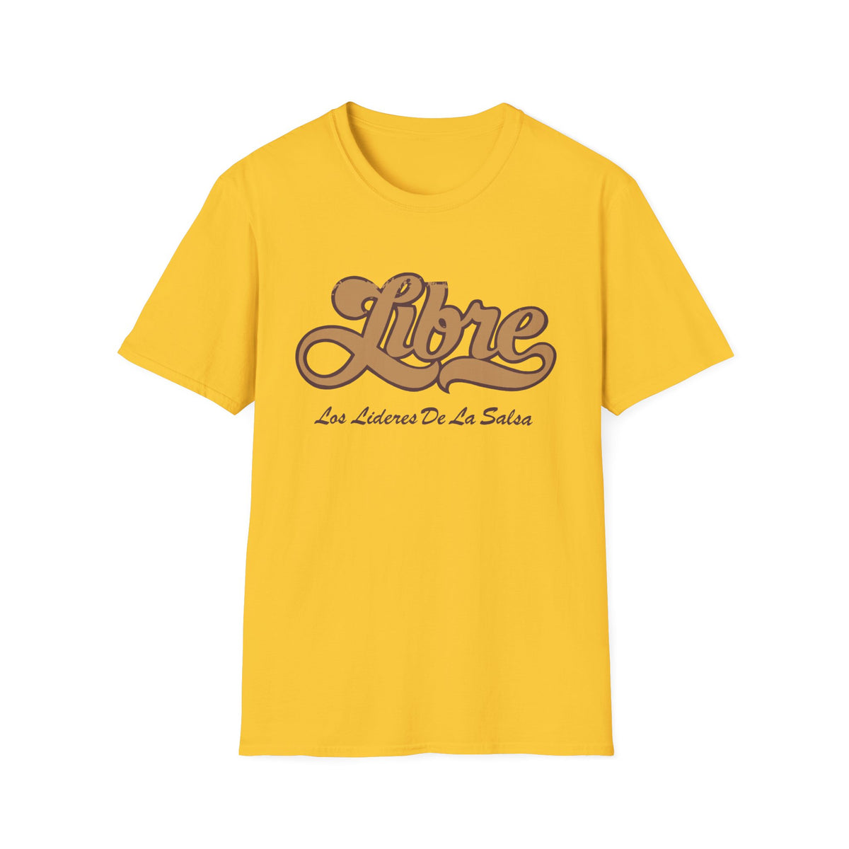 Yellow t-shirt with "Libre Los Lideres De La Salsa" text graphic.