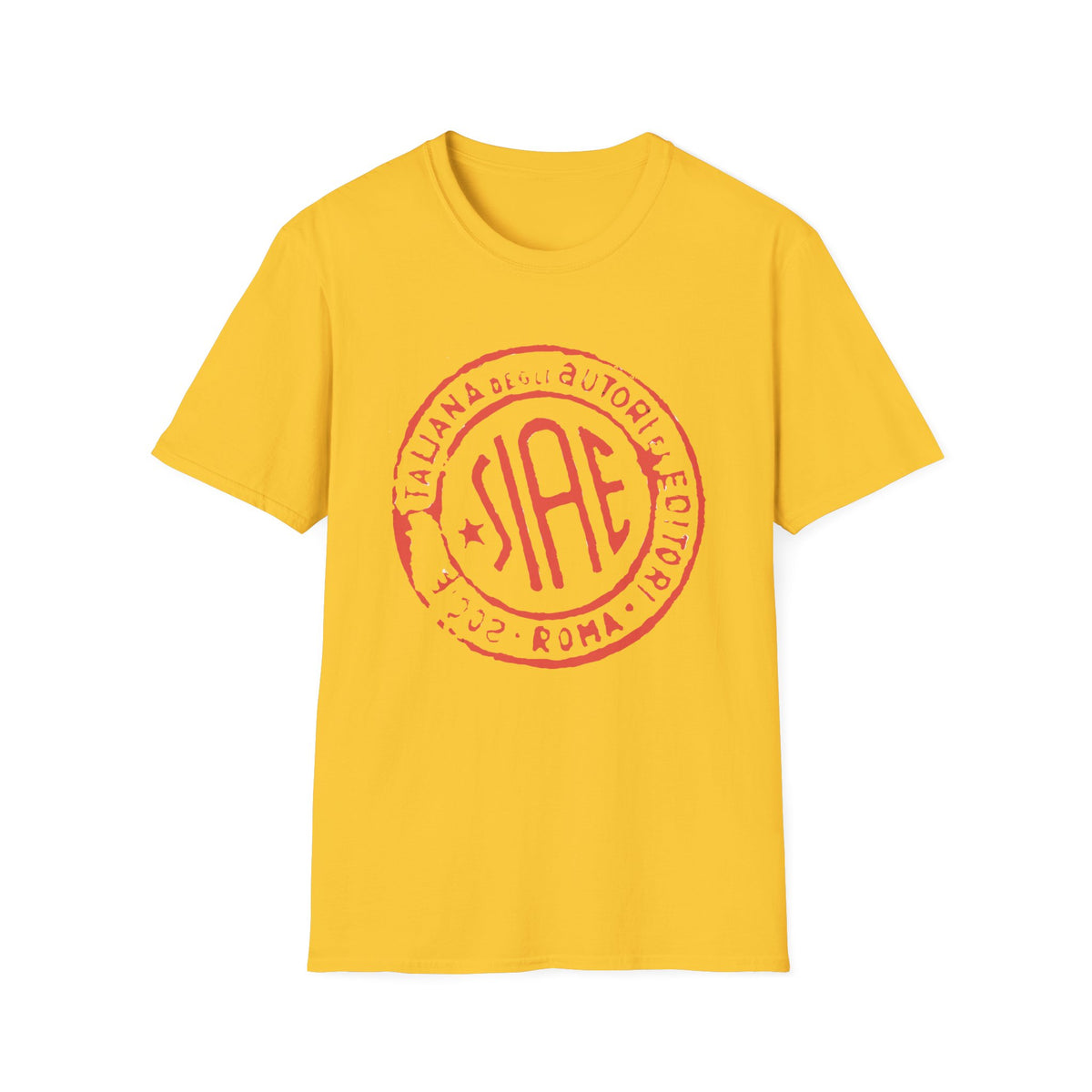 Yellow t-shirt with red circular SIAE logo and text.