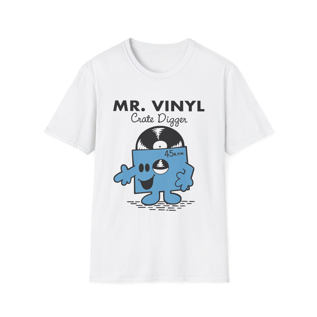White t-shirt with Mr. Vinyl Crate Digger text and cartoon record character.