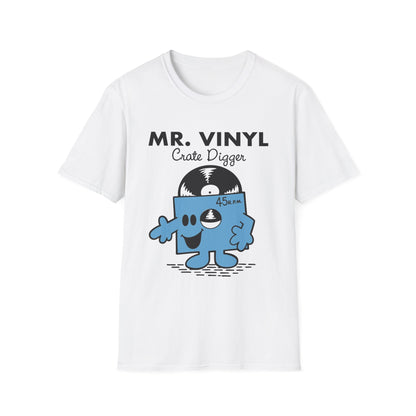 White t-shirt with Mr. Vinyl Crate Digger text and cartoon record character.