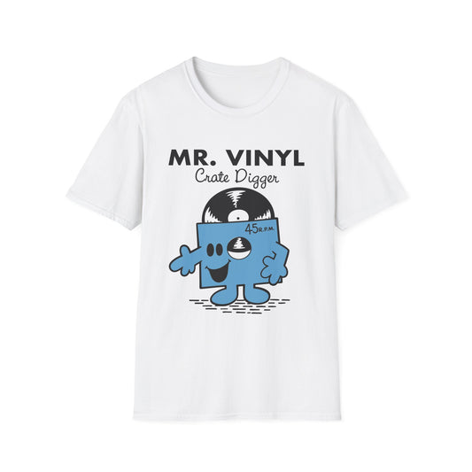 White t-shirt with Mr. Vinyl Crate Digger text and cartoon record character.
