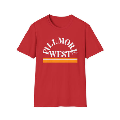 Red t-shirt with white text "Fillmore West" and orange stripes.