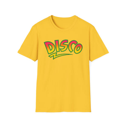 Yellow t-shirt with "Disco" in a colorful, stylized font.
