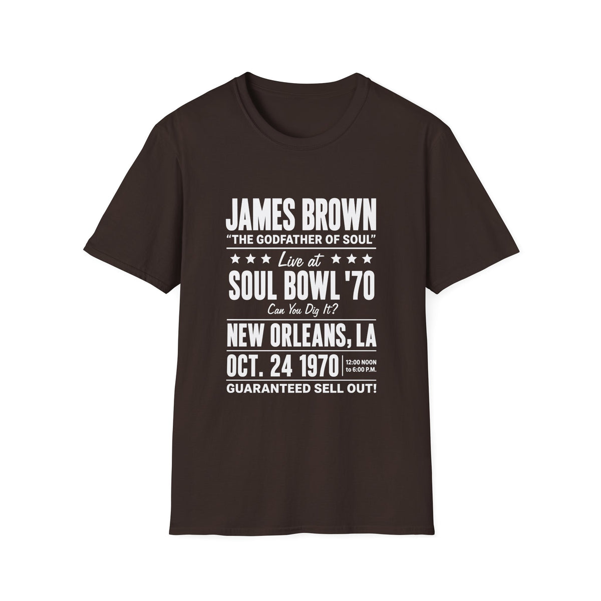 Brown t-shirt with James Brown Soul Bowl '70 concert details in white text.