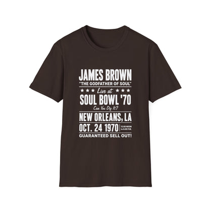 Brown t-shirt with James Brown Soul Bowl '70 concert details in white text.