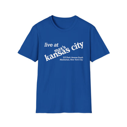Blue t-shirt with "live at max's kansas city" and address printed in white.
