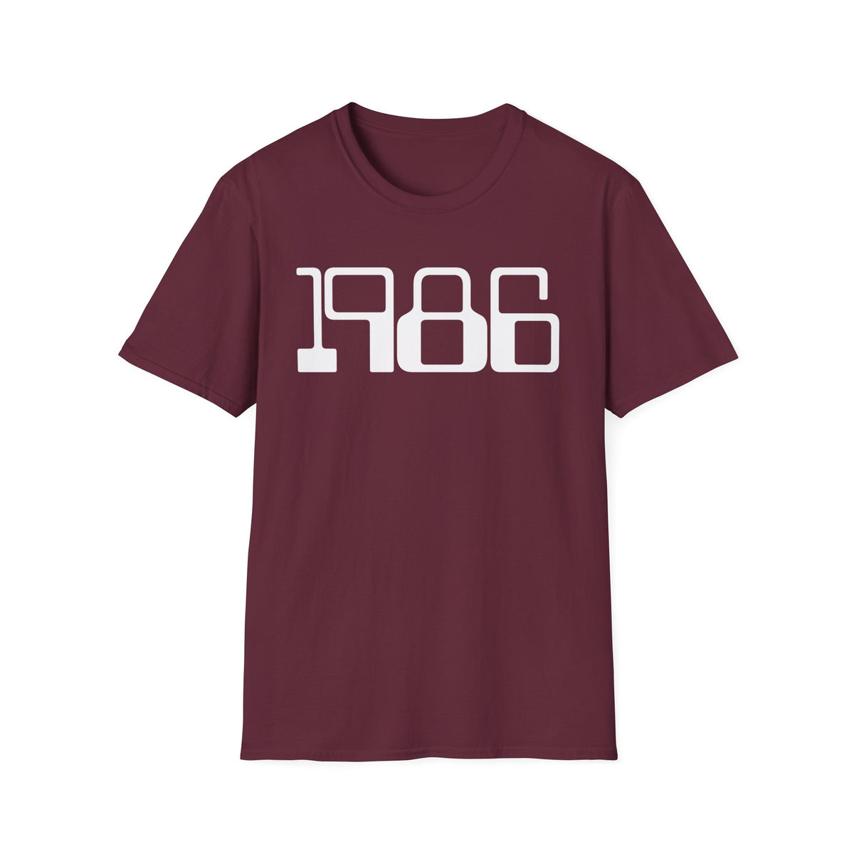 Maroon t-shirt with "1986" in white block lettering.