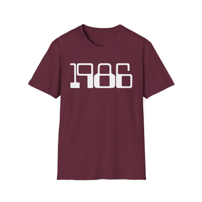 Maroon t-shirt with "1986" in white block lettering.