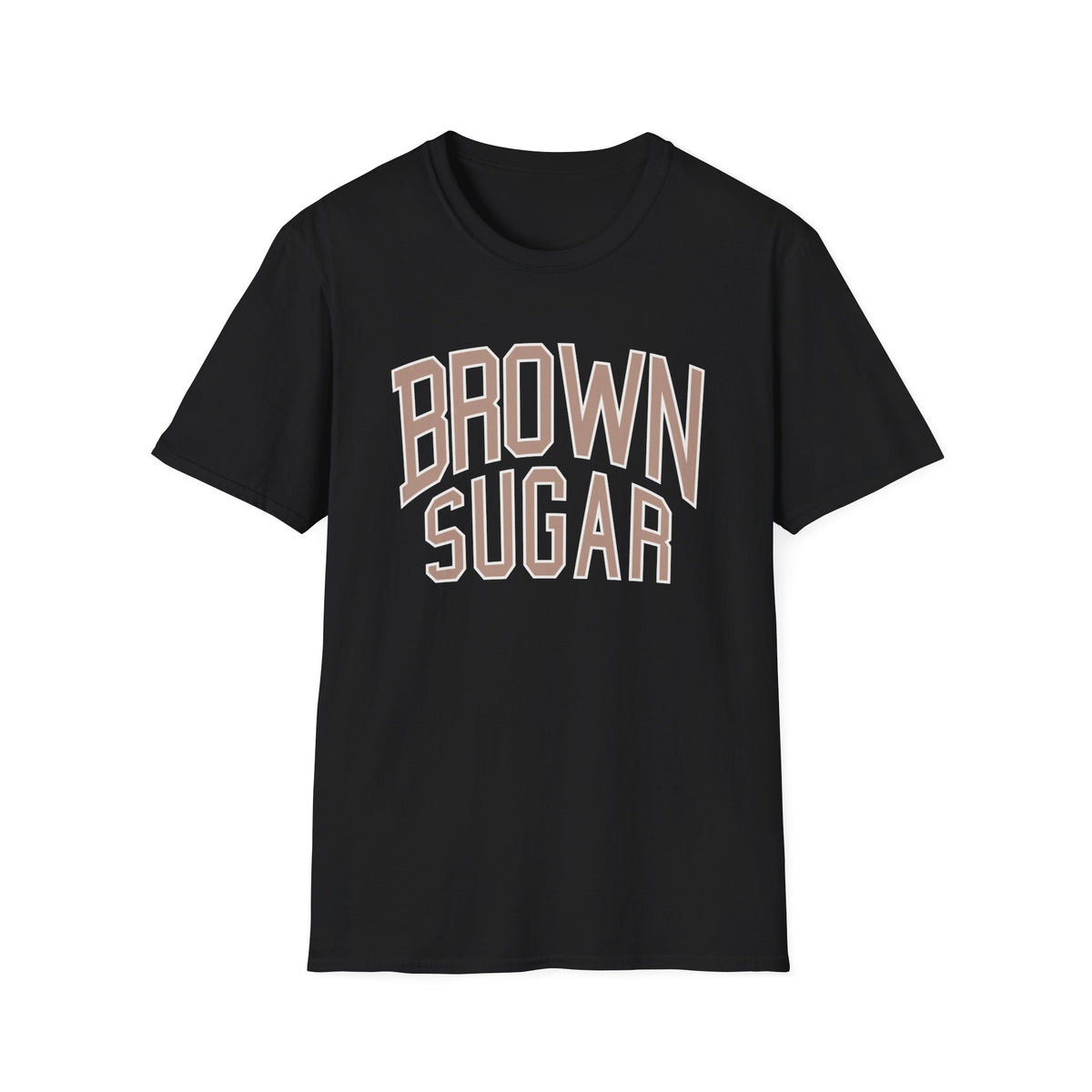 Black t-shirt with arched "BROWN SUGAR" text in brown and white.