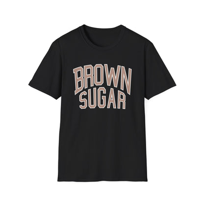 Black t-shirt with arched "BROWN SUGAR" text in brown and white.