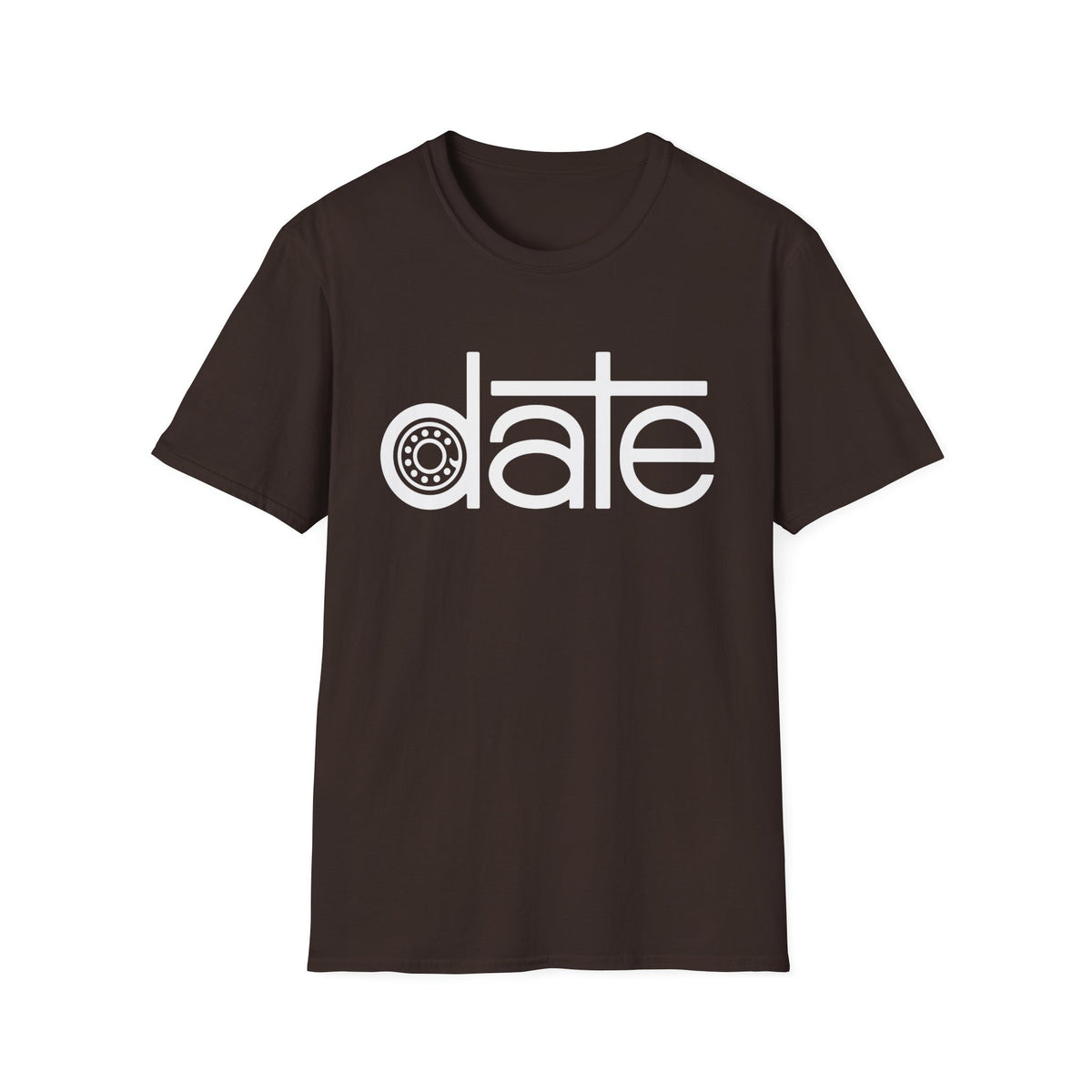 Brown t-shirt with white text "date" featuring a gear icon.