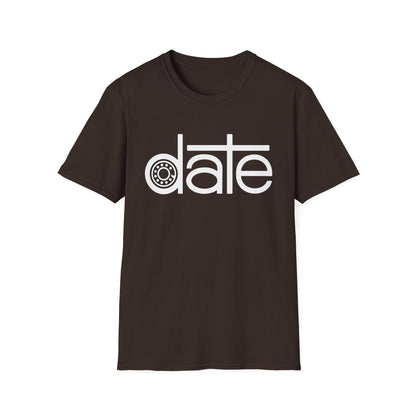 Brown t-shirt with white text "date" featuring a gear icon.