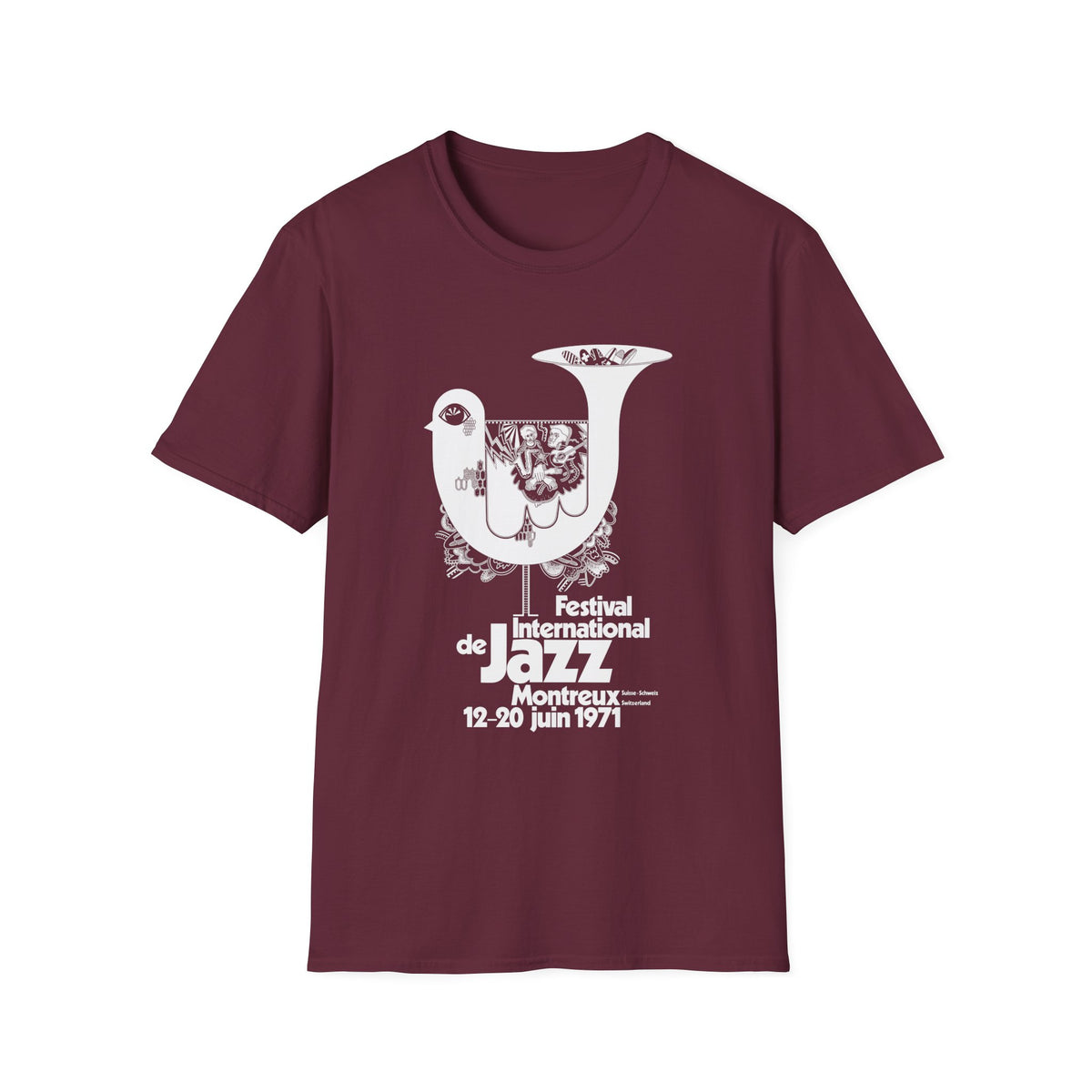 Maroon t-shirt with white graphic for the Montreux Jazz Festival 1971.