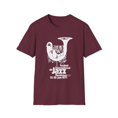 Maroon t-shirt with white graphic for the Montreux Jazz Festival 1971.
