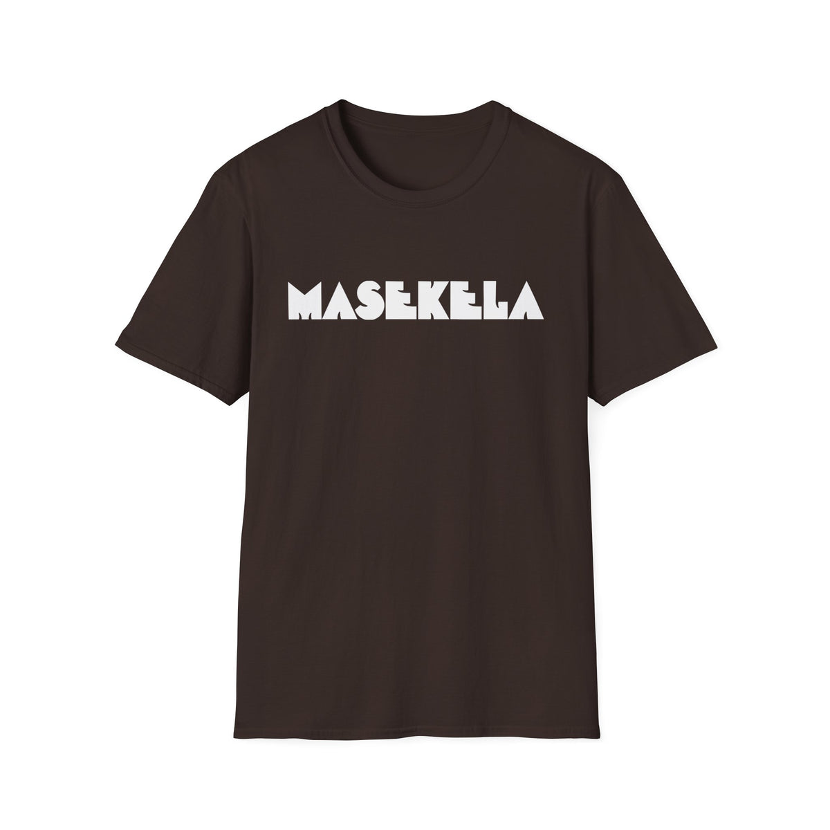 Brown t-shirt with "MASEKELA" in white geometric font across the chest.