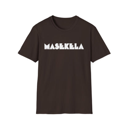 Brown t-shirt with "MASEKELA" in white geometric font across the chest.