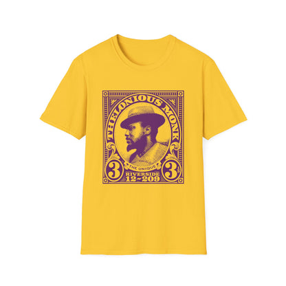 Yellow t-shirt with purple print of Thelonious Monk in a stamp-like design.
