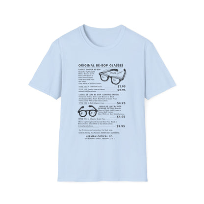 Light blue t-shirt with text and illustrations of glasses from Herman Optical Co.