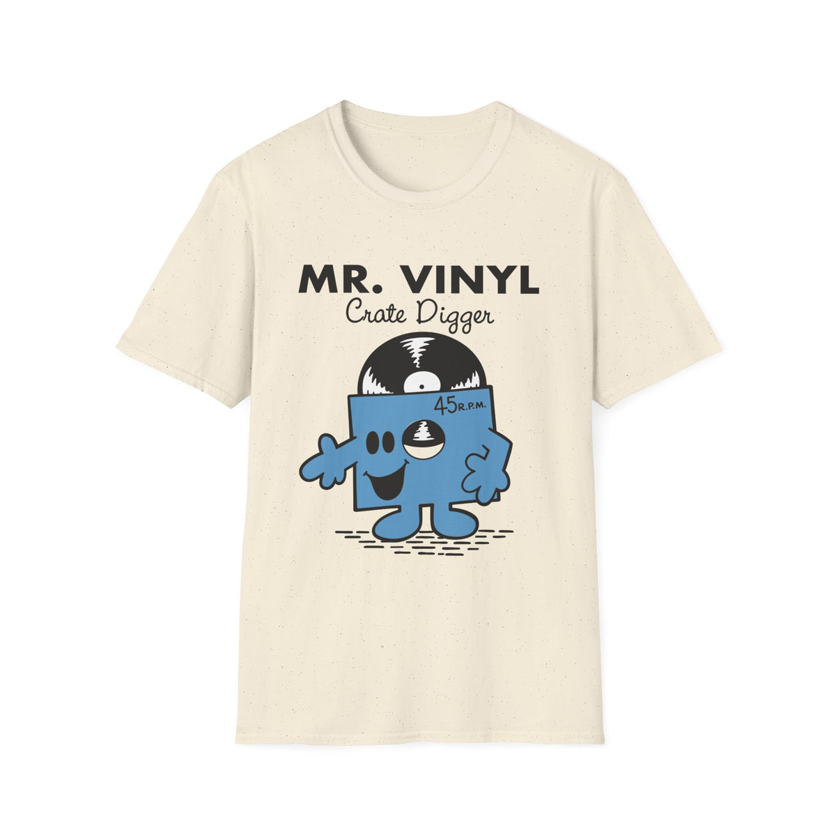 T-shirt with "MR. VINYL Crate Digger" and a cartoon record character.