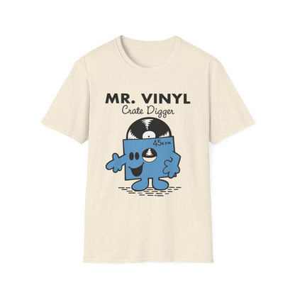 T-shirt with "MR. VINYL Crate Digger" and a cartoon record character.