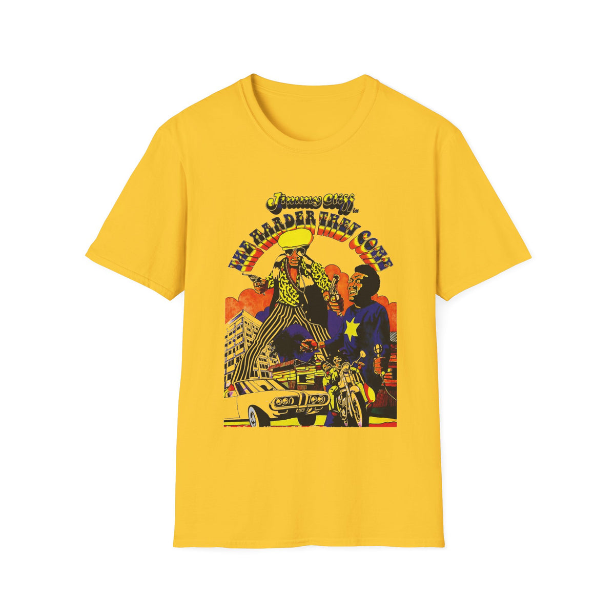 Yellow t-shirt with "Jimmy Cliff The Harder They Come" graphic.