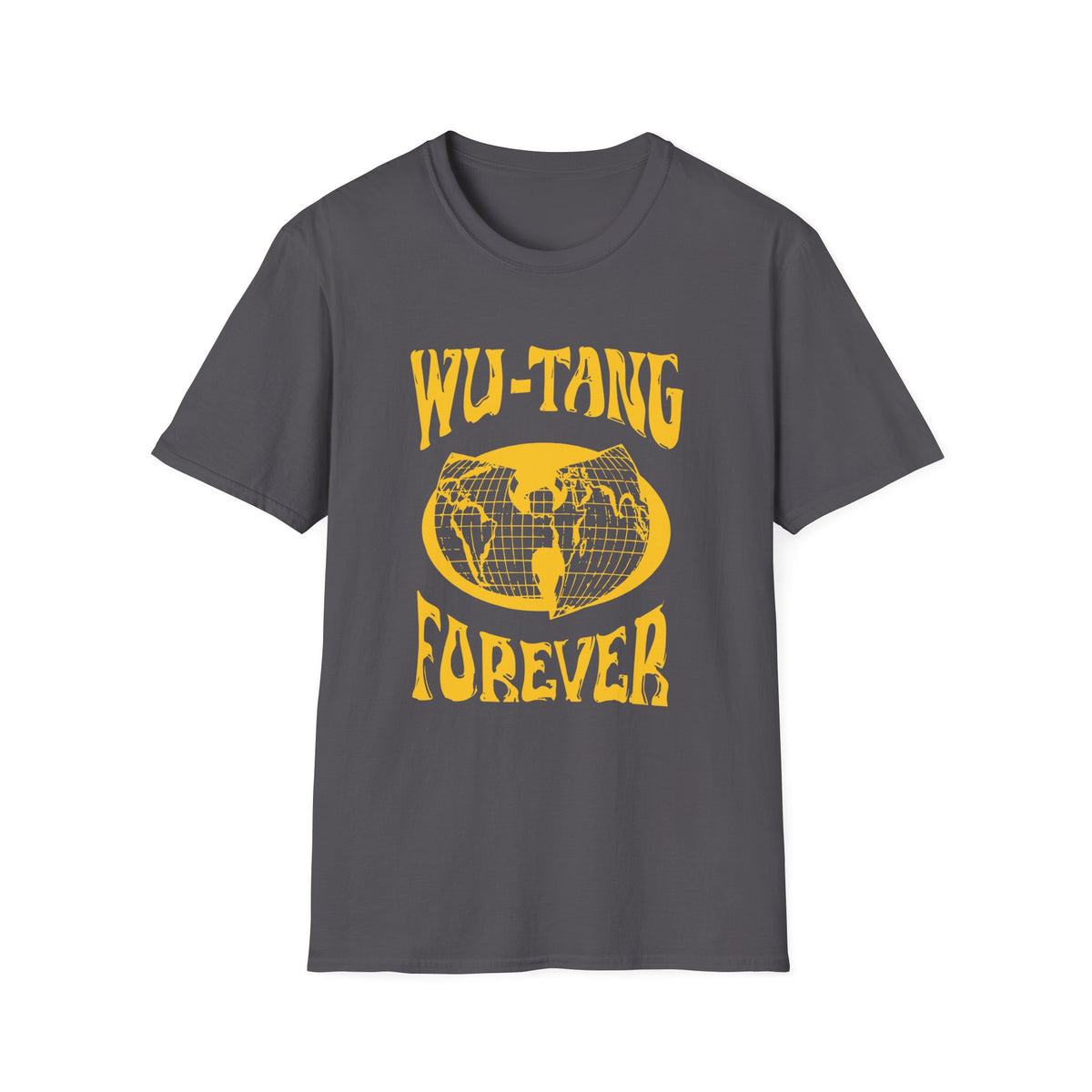 Dark gray t-shirt with yellow "Wu-Tang Forever" text and a globe graphic.