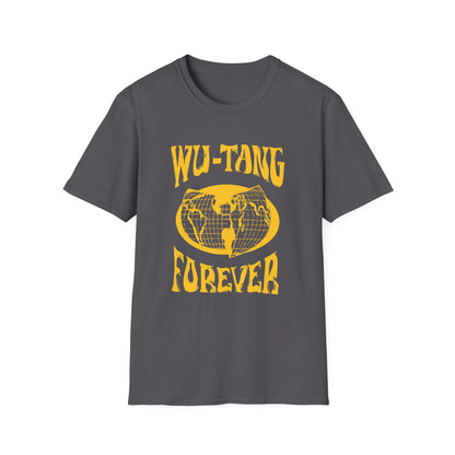 Dark gray t-shirt with yellow "Wu-Tang Forever" text and a globe graphic.