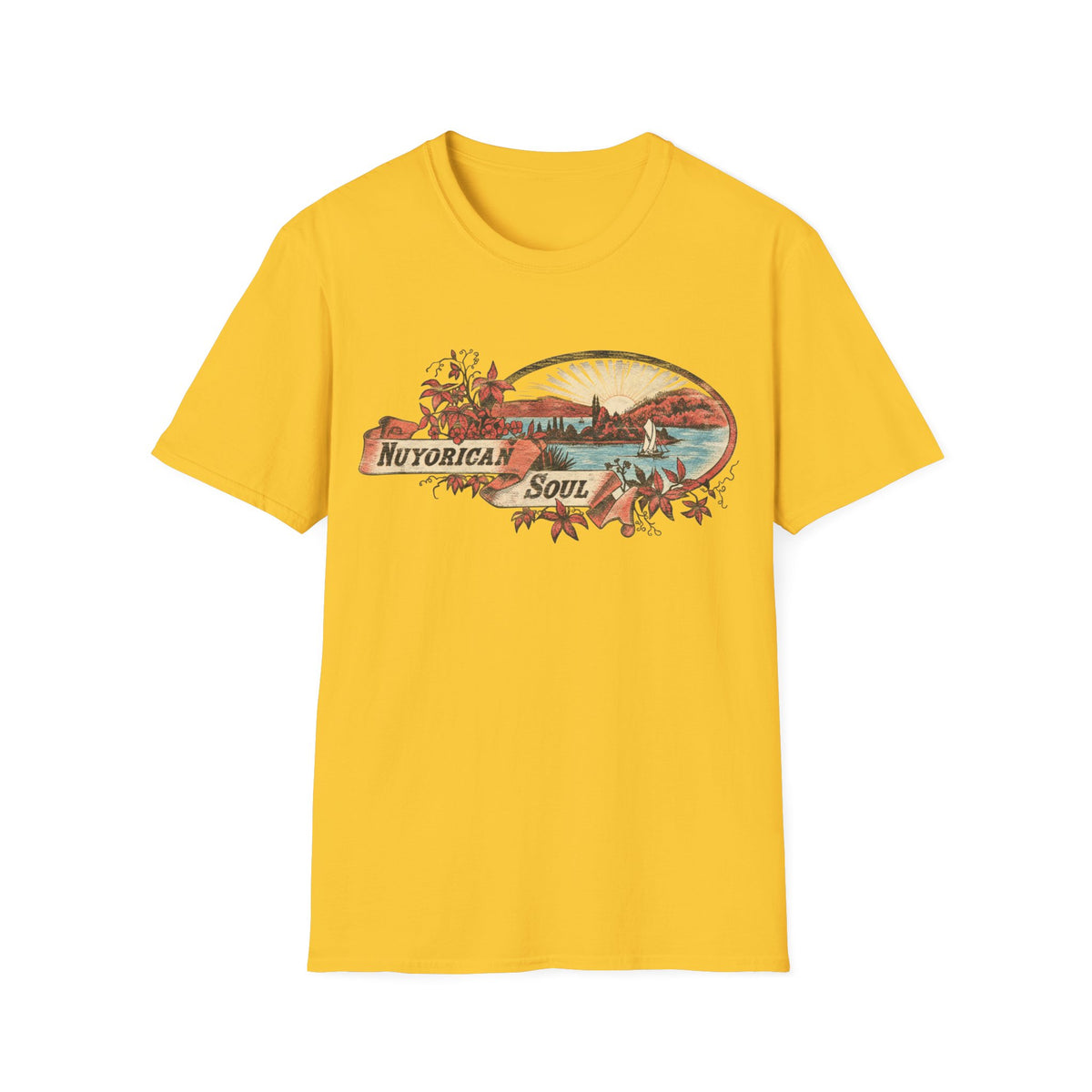 Yellow t-shirt with oval graphic of coastline, sailboat, and text "NUYORICAN SOUL".
