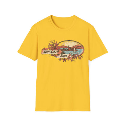 Yellow t-shirt with oval graphic of coastline, sailboat, and text "NUYORICAN SOUL".