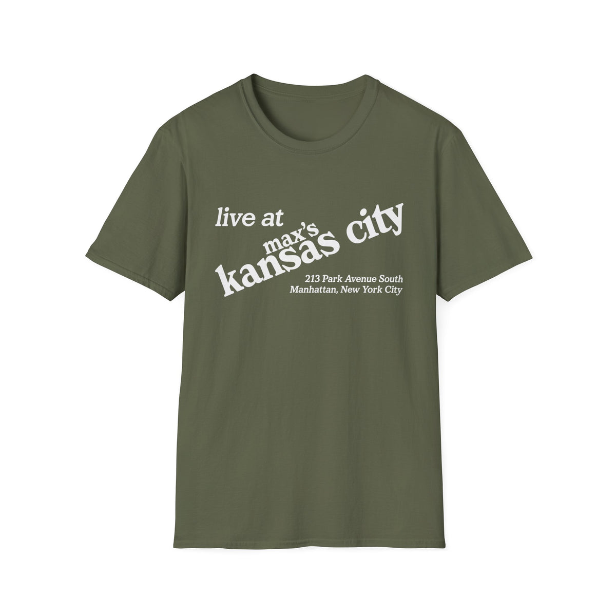 Green t-shirt with "live at max's kansas city" and address text.