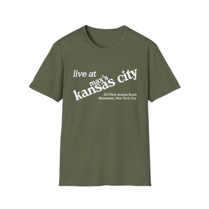 Green t-shirt with "live at max's kansas city" and address text.
