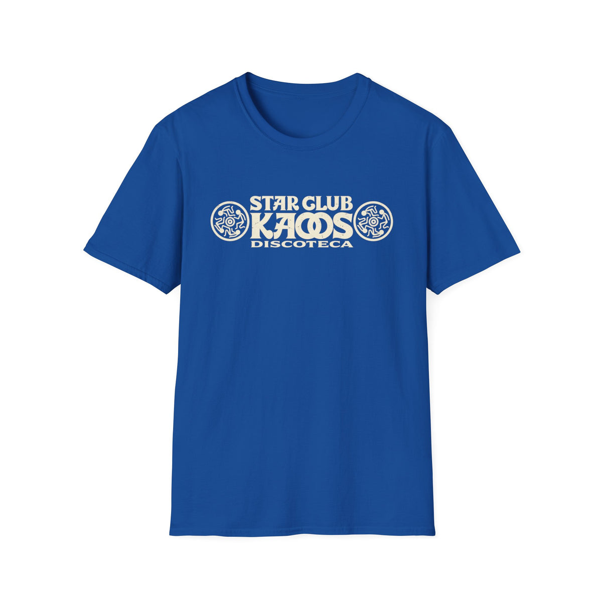 Blue t-shirt with "Star Club Kaos Discoteca" text and circular graphics.