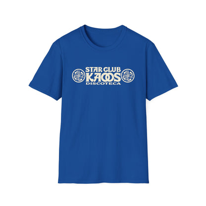 Blue t-shirt with "Star Club Kaos Discoteca" text and circular graphics.