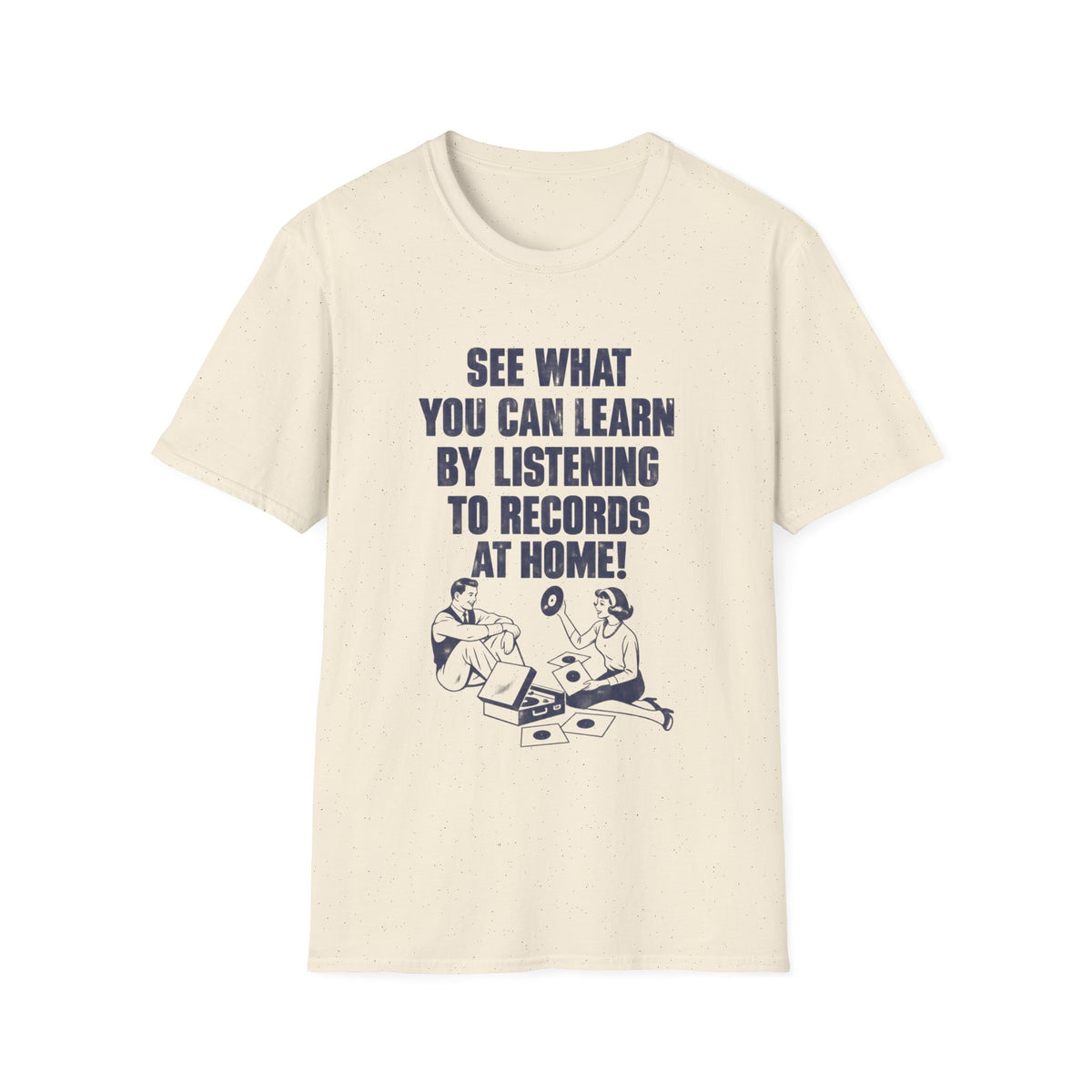 Cream t-shirt with text and graphic of a couple listening to records.