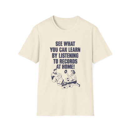 Cream t-shirt with text and graphic of a couple listening to records.