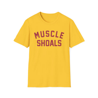 Yellow t-shirt with "MUSCLE SHOALS" text in maroon.