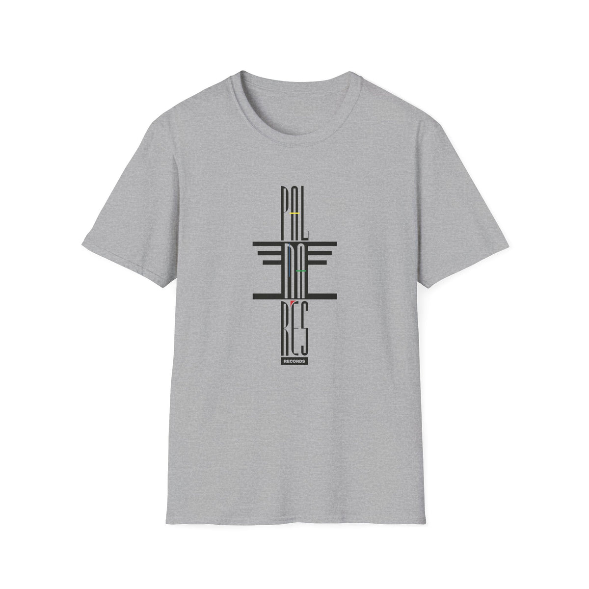 Grey t-shirt with black text graphic "PAL RES RECORDS" and colorful accents.