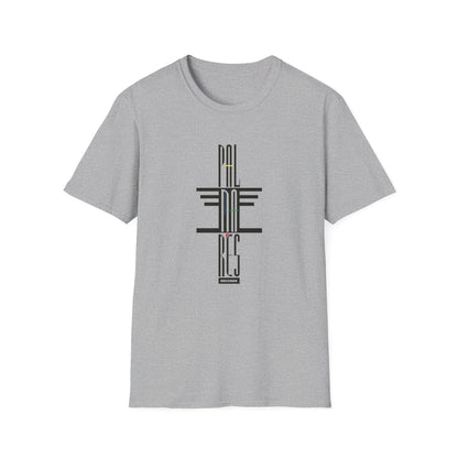 Grey t-shirt with black text graphic "PAL RES RECORDS" and colorful accents.