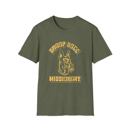 Green t-shirt with yellow Snoop Dogg "Missionary" graphic featuring a dog head.
