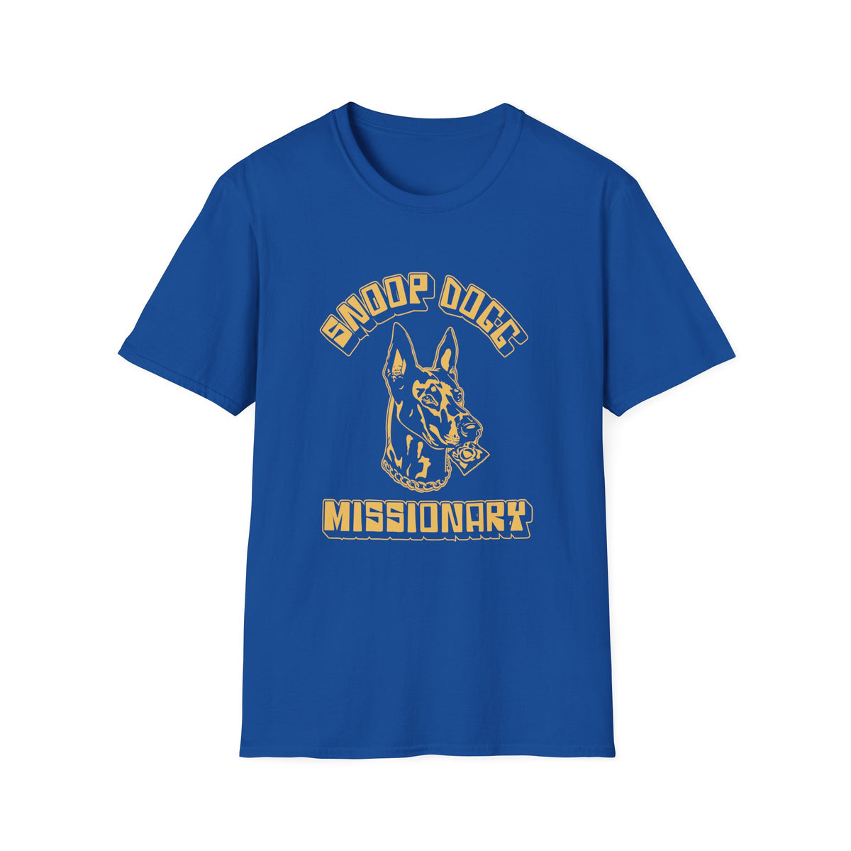 Blue t-shirt with yellow Snoop Dogg "Missionary" graphic of a dog holding a condom.