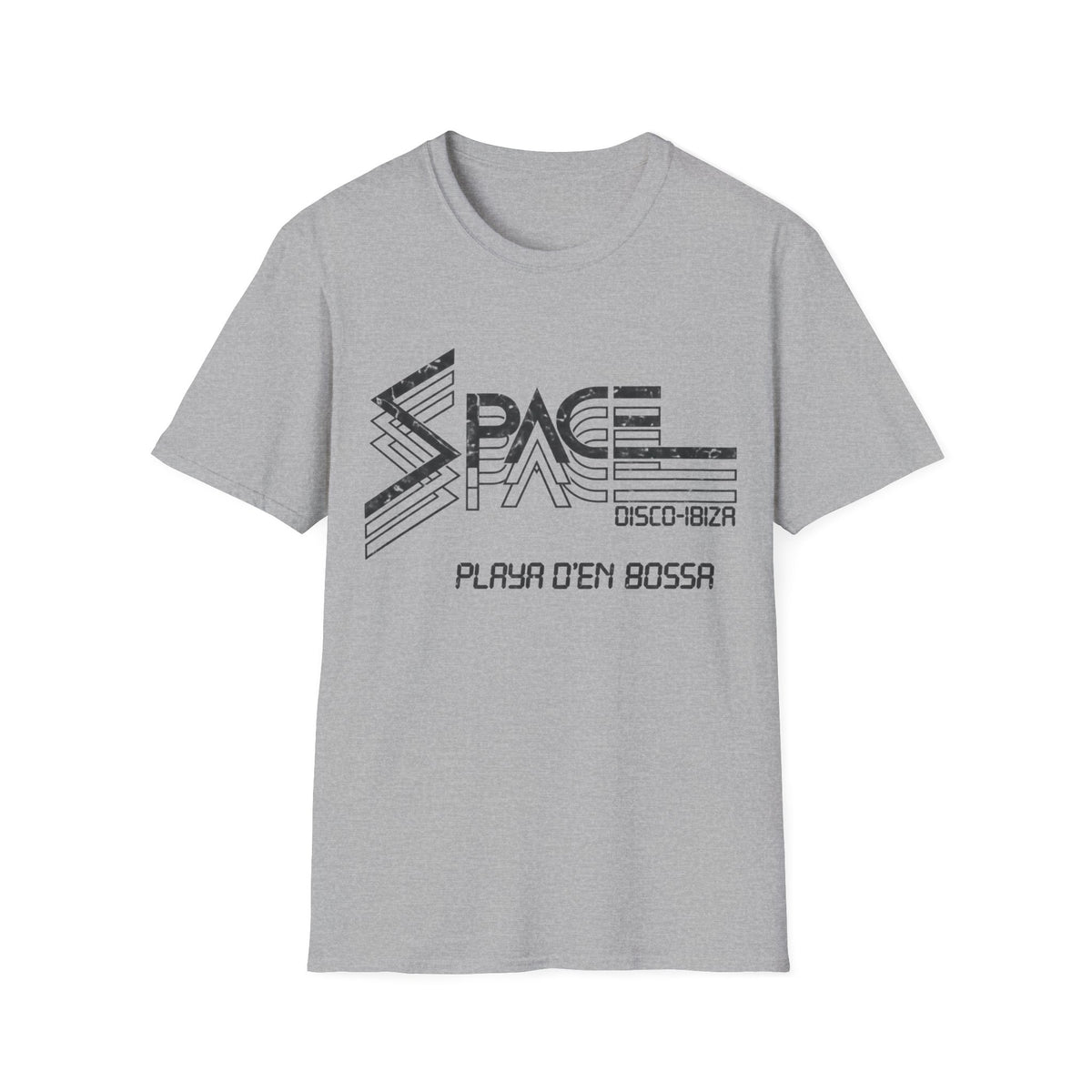 Grey t-shirt with distressed "SPACE DISCO-IBIZA PLAYA D'EN BOSSA" graphic.