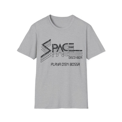 Grey t-shirt with distressed "SPACE DISCO-IBIZA PLAYA D'EN BOSSA" graphic.