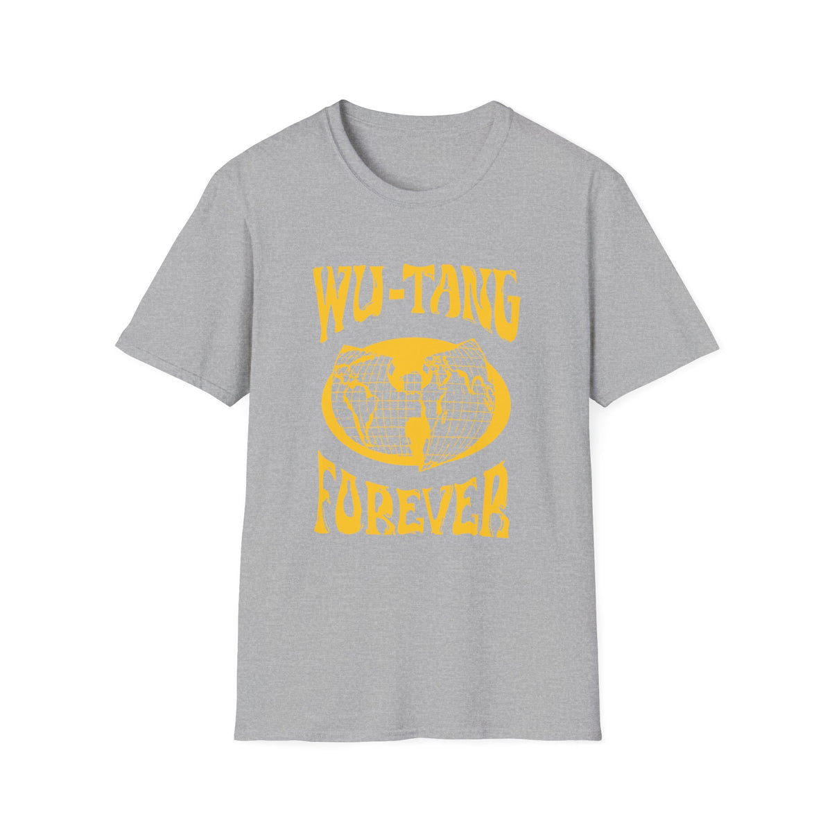 Grey t-shirt with yellow text "WU-TANG FOREVER" and globe graphic.